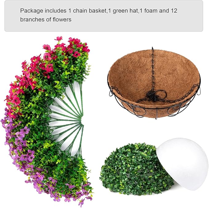 HyeFlora Artificial Faux Hanging Plants Flowers Basket for Spring Summer Outdoor Outside Decoration, Fake Silk Colorful Daisy Eucalyptus in Planter UV Resistant Realistic for Porch Patio Balcony Yard