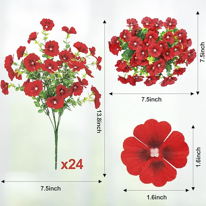 24 Bundles Artificial Flowers for Outdoors Fake Silk Flowers UV Resistant Faux Plants Eucalyptus for Spring Summer Decoration Planters Table Vase Garden Yard Porch Window Home Decor, Red