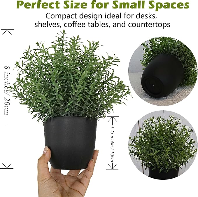 8 Inch Artificial Fake Rosemary Potted Plant, Small Greenery Decor for Shelf Greenery, Realistic Artificial Greenery Pot for Indoor Home Office wall Decor
