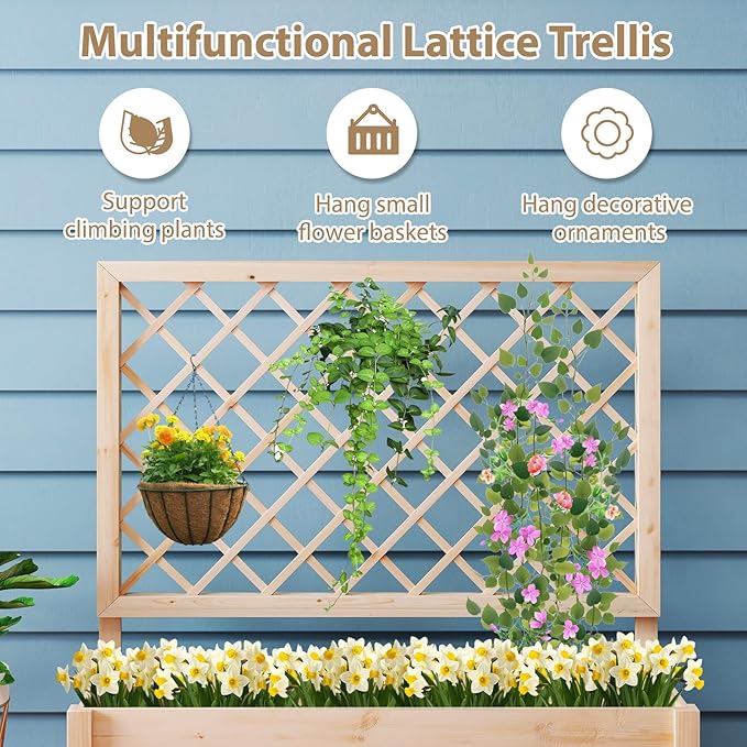 Giantex Raised Garden Bed with Trellis, Drainage Hole, Wood Elevated Planter Box for Climbing Vine Flower Herb Vegetable Fruit, Planting Container for Indoor Outdoor Patio Balcony (39”x14”x40”)
