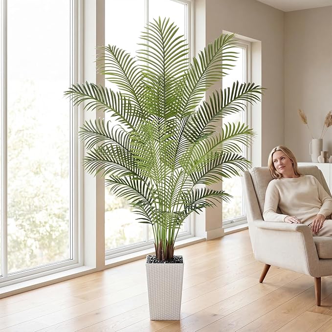 7ft Artificial Palm Tree with White Planter - Tall Fake Palm Tree Indoor Fake Tropical Plant for Home Office Living Room Bedroom Modern Decor