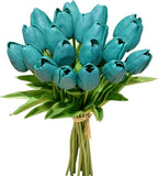 Mandy's Teal Artificial Tulips Flowers Centerpiece, 13.5" Lifelike PU Fake Floral Stems 20pcs for Kitchen Island & Dining Table, Spring Decor for Easter