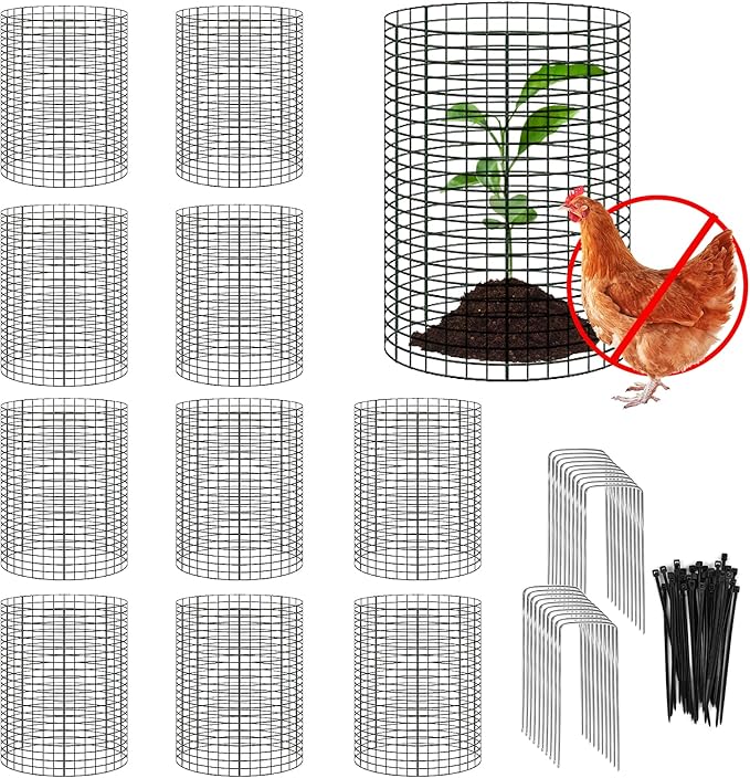YEXEXINM 10 Pack 12" H X 4" D Wire Small Plant Protector from Animals, 10 PCS Small Metal Plant Cage Chicken Wire Cloche with Ground Stakes and Nylon Tie to Keep Animals Out, Garden Protection