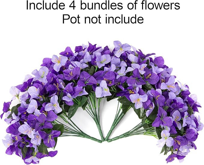 Bouganivillea Spring Artificial Flowers for Outdoors, 4 Bundles Fake Bougainvillea UV Resistant Silk Flowers for Outside Faux Outdoor Plants for Planter Patio Porch Window Garden Home, Mixed Purple