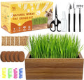 Cat Grass Kit for Indoor Cats with Wooden Planter - 5 Pack Cat Grass & 5 Coconut Soil, Complete Planting Tools, Water Sprayer, Scissors, Bonus Cat Gifts - Natural Wheat Grass for Hairball Control