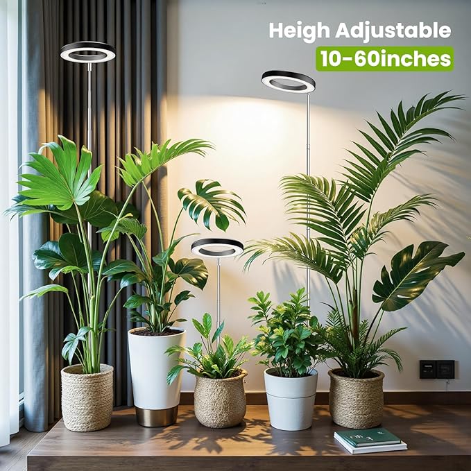 Black Grow Light, Full Spectrum LED Plant Lights for Indoor Growing with 6/12/16H Timer, 3 Color Modes, 5 Brightness, 10"-65" Height Adjustable Plant Grow Lamp for Large Indoor Plants