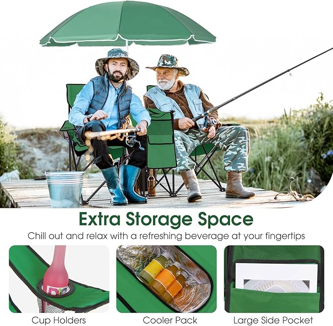 Goplus Double Camping Chair with Umbrella, Folding Loveseat Chairs w/Canopy Shade, Carrying Bag, Table, Cup Holder, Portable Beach Chairs Outdoor Picnic Patio (Green)