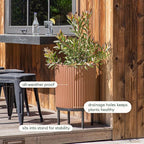 Veradek Demi Series Round Planter w/Stand for Porch/Patio | Durable Plastic-Stone Composite & Wooden Stand | Modern Décor for Tall Plants, Flowers