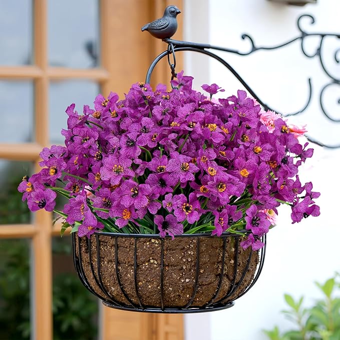 Bassion 24 Bundles Artificial Flowers for Outdoors Decoration, UV Resistant Purple Silk Fake Faux Flowers Artificial Plants for Outside Window Box Porch Garden Home Decor