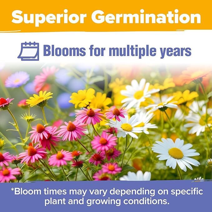 HOME GROWN Wildflower Seeds - 44,000 Non GMO USA Perennial Seeds (2oz) 19 Varieties for Butterfly & Pollinator Garden - Wild Flower Seed Mix for Full Sun & Shade