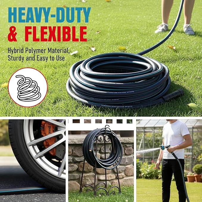 Heavy Duty Garden Hose 35 ft, NON-EXPANDABLE Water Hose with 10 Function Spray Nozzle, Lightweight Kink-less Hybrid Hose with Swivel Handle, Male to Female Fittings