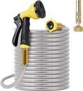 FOXEASE Metal Garden Hose 50FT - Stainless Steel Heavy Duty Water Hose with Metal Nozzle & 8 Function Sprayer, Portable & Lightweight Kink Free Yard Hose, Outdoor Hose