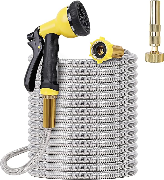 FOXEASE Metal Garden Hose 75FT - Stainless Steel Heavy Duty Water Hose with Metal Nozzle & 8 Function Sprayer, Portable & Lightweight Kink Free Yard Hose, Outdoor Hose
