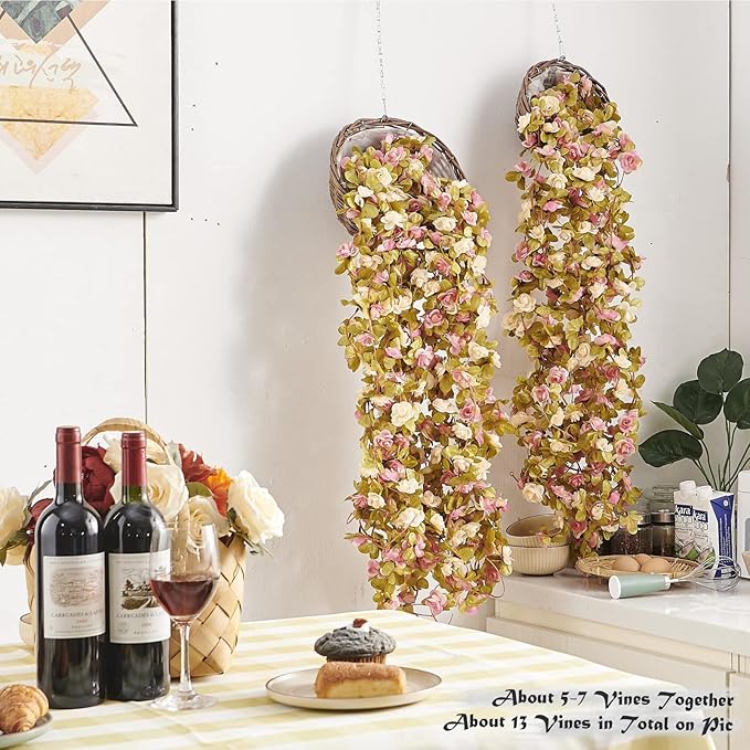 8 Pcs x 8.2 ft Flower Garland Artificial Rose Vine Flowers with Green Leaves Hanging Fake Roses Vine for Room Party Home Wedding Birthday Christmas Wall Arch Decor, Champagne Pink Flower