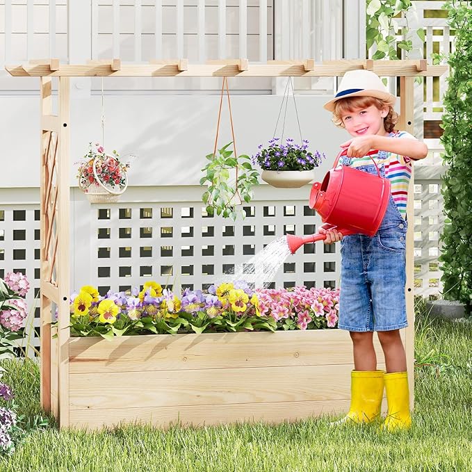 Giantex Raised Garden Bed with Sided Trellis & Hanging Roof, Wood Planter Box, Freestanding Garden Planter Raised Bed for Flowers Herbs Climbing Vines 45”x16”x41” (L x W x H)