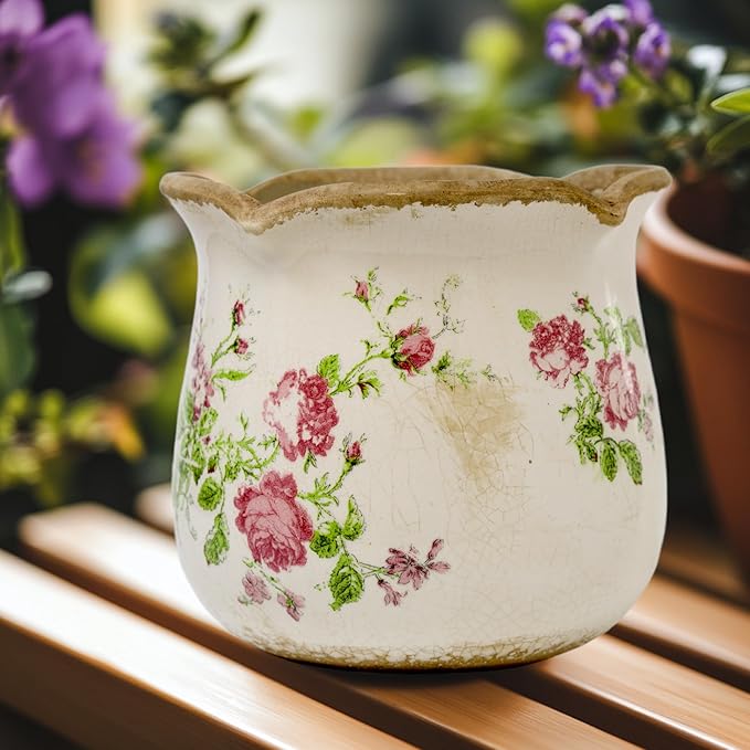 Dosayes Rustic Ceramic Planter, 6 Inch Tuscan Vintage Flower Pot with Drainage, Farmhouse Garden Pot for Indoor Plants, Kitchen & Garden Tuscan Decor, Plant Lover Gift (Pink)
