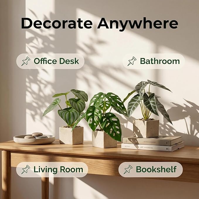 3pcs Small Fake Plants Artificial Begonia Leaves Faux Plants Indoor for Office Desk Shelf Bathroom Home Decor (3Pcs -7 Leaves)