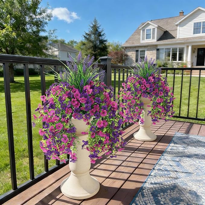 Artificial Fake Hanging Flowers Plants for Outdoor Outside Decoration, Faux Silk Daisy Flower Realistic UV Resistant for Front Porch Patio Balcony Garden Yard Indoor Planter Home Decor(Purple)