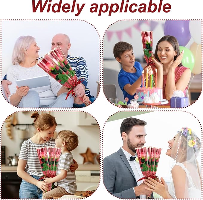 Flower Packaging Kit, 100 Flower Wrapping Bag Single Rose Sleeve 100 Floral Water Tubes 72ft Ribbon Single Flower Packaging Bags for Wedding Mother's Day Florist Birthday Flower Wrapping (Red)