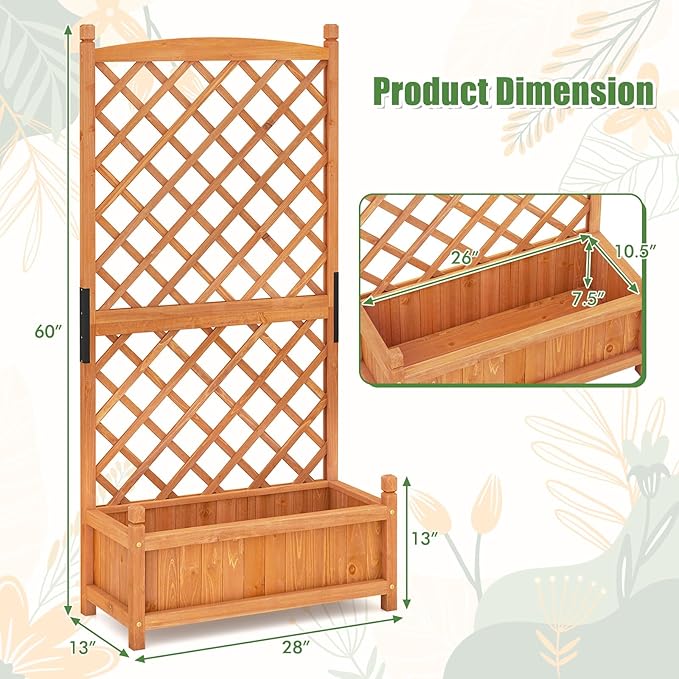 HAPPYGRILL Raised Garden Bed with Trellis, Large Planting Box w/Drainage Holes, 60” Wooden Garden Planter w/Diamond Lattice Trellis for Climbing Plants, Outdoor Planter Box for Patio (2, Orange)