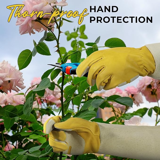 HANDLANDY Rose Pruning Gardening Gloves for Men Women, Thorn Proof Forearm Protection Leather Garden Gloves, Gardening Gifts for Gardeners (Butter Yellow, Large)