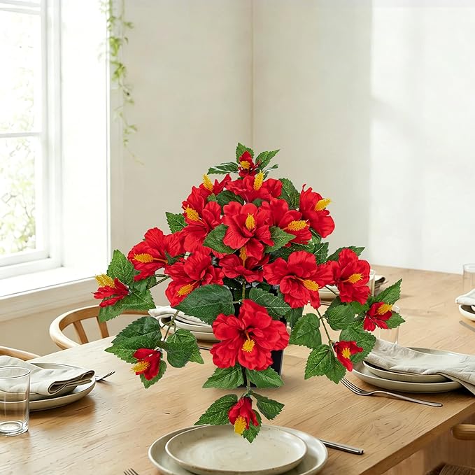 Briful Artificial Hanging Hibiscus Flowers in White Pot, Tropical Faux Hibiscus Plant with Removable Decorative Planter, Red Trailing Flower Basket for Porch Patio Balcony Indoor Outdoor Home Decor