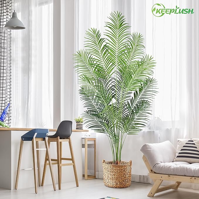 Artificial Palm Tree 7ft Tall Fake Palm Tree Indoor Decor with 18 Leaves and Real Bark Design Faux Tropical Areca Palm Silk Floor Plant in Pot for Home Office Living Room Bedroom Decor 1pcs