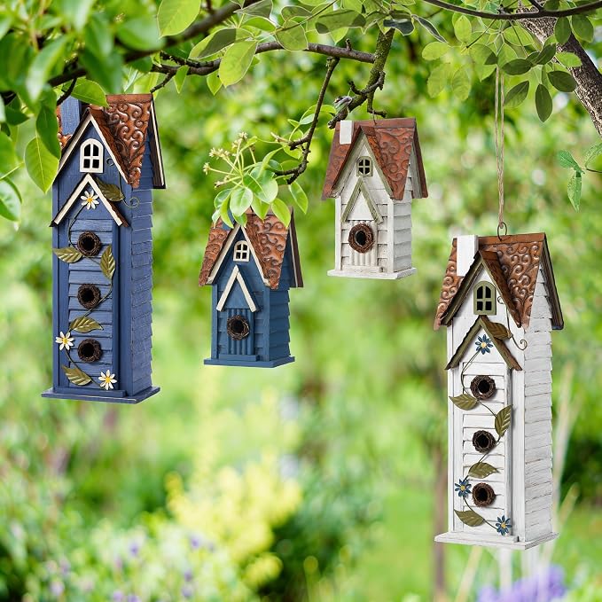 Glitzhome Bird Houses for Outside,Hand Painted Hanging Bird House for Outdoors, 24.25" H Oversized 3-Tiered Villa Decorative Wooden Bird Houses Large Birdhouse for Garden, Washed Blue