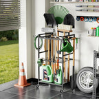 SPACECARE Garden Tool Organizer with Wheels, Yard Tower Rack for Garage Organization and Storage, Up to 35 Long-Handled Tools/Rakes/Brooms, Heavy Duty Steel Garden Tool Stand for Shed, Outdoor, Black