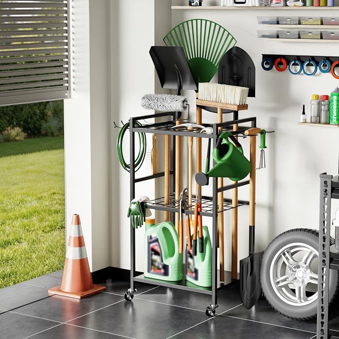 SPACECARE Garden Tool Organizer with Wheels, Yard Tower Rack for Garage Organization and Storage, Up to 35 Long-Handled Tools/Rakes/Brooms, Heavy Duty Steel Garden Tool Stand for Shed, Outdoor, Black