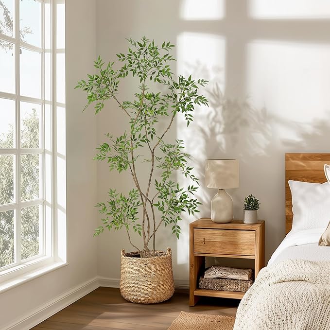 GarveeHome Artificial Plants Indoor,6 ft Tall Faux Floor Plant in Pot, Nandina Artificial Tree with White Planter for Home Decor Office Living Room