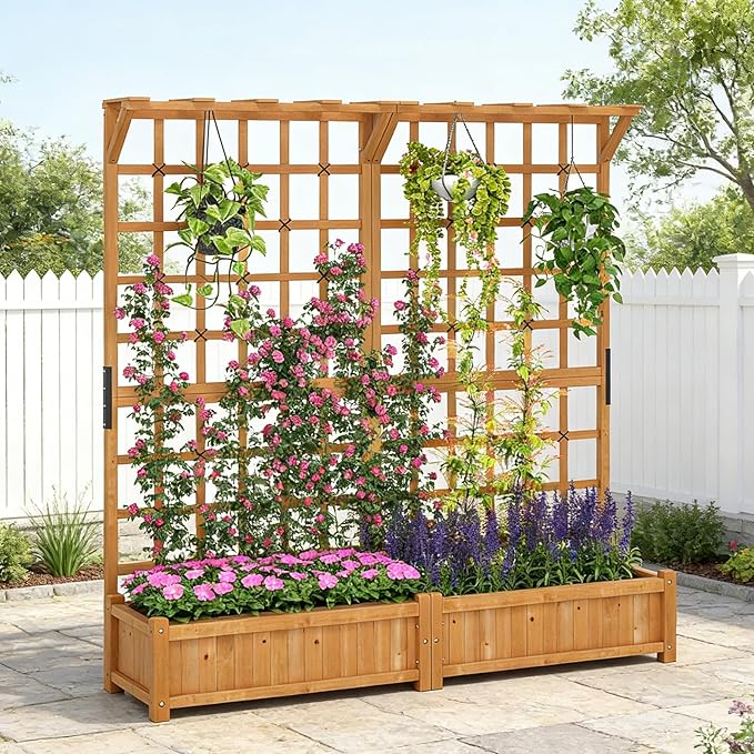COSTWAY 71” Large Wooden Raised Garden Bed with Trellis and Hanging Roof, 2 Planter Boxes, 4 Drainage Holes, Removable Bottom Plate for Climbing Plants, Flowers, Outdoor Balcony Planter