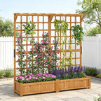 COSTWAY 71” Large Wooden Raised Garden Bed with Trellis and Hanging Roof, 2 Planter Boxes, 4 Drainage Holes, Removable Bottom Plate for Climbing Plants, Flowers, Outdoor Balcony Planter