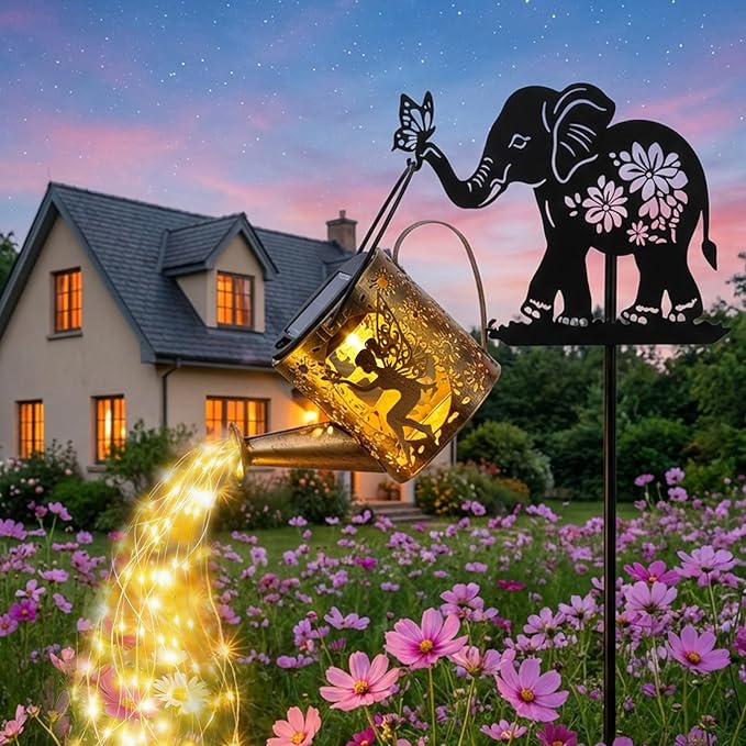 Solar Watering_Can Lights Outdoor Decor with Elephant Stake & Fairy Silhouettes, Cascading String Lights for Garden, Patio, Yard - Waterproof Solar Powered Gift for Mom, Housewarming, Birthday