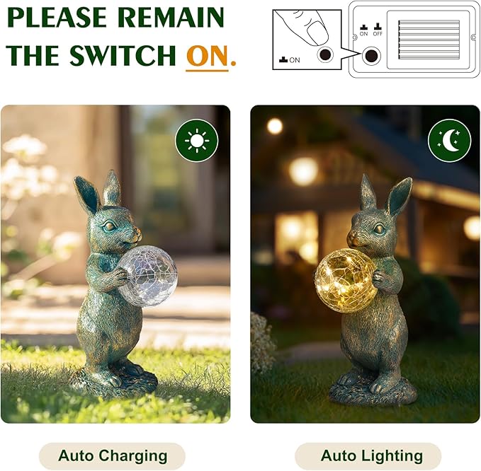 Solar Rabbit Statue with LED Lights, Outdoor Garden Decor, Bunny Figurine for Patio Yard, Lawn Ornament, Easter & Housewarming Gift