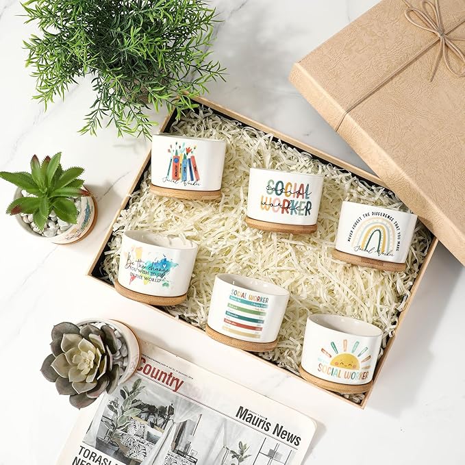 Sieral 12 Pcs Thank You Employee Appreciation Gift Succulent Pots Social Worker Gift Ceramic Plant Pot with Bamboo Tray Succulent Planter for Coworker Teacher, Plants Excluded (Social Worker)