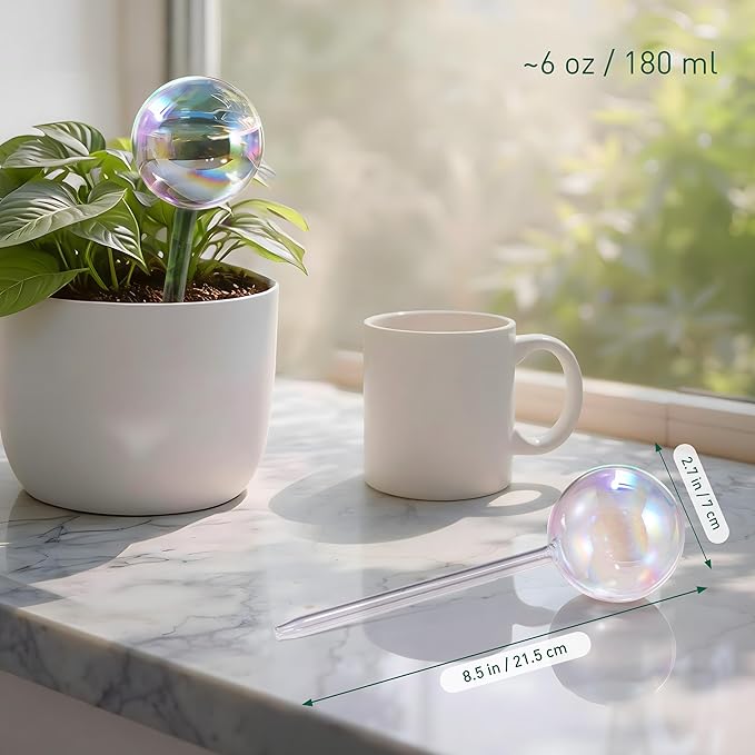 Soilagua Extra-Thick Clear Glass Plant Watering Globes, Rainbow Gradient Self Watering Globes, Automatic Plant Waterer, Self Watering Planter Insert Spikes Devices for Everyday or Vacation Use, 2-Pack
