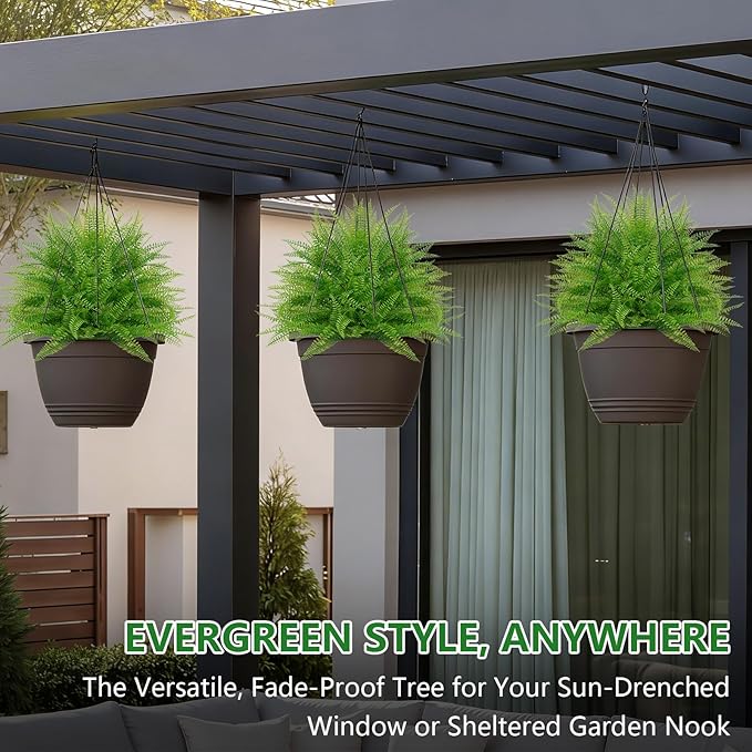 Grooy Artificial Fern Topiary Ball with Ground Spike, Set of 2 Faux Boston Fern Plants Shrub, Fake UV Resistant Evergreen Bushes for Porch Garden Indoor Outdoor Decor