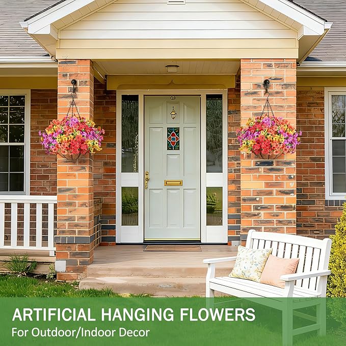 2 Set Artificial Flowers Hanging Plants in Basket,Artificial Hanging Flowers for Outdoor Indoor Decor,UV Resistant hanging Baskets with Fake Flowers for Spring Summer Patio Garden Porch Deck Decor