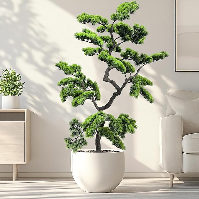 4.6ft Artificial Bonsai Tree Juniper Faux Pine Plant | Large Indoor Fake Tree Decor with Black Plastic Pot for Home, Office Desk, Table, Shelf, Bedroom & Living Room Decor (Green)
