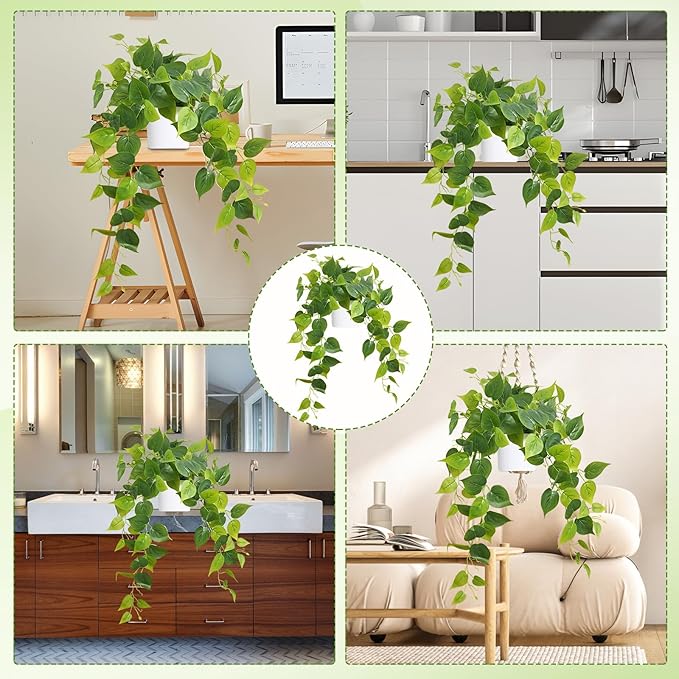 Waipfaru Artificial Plants Indoor, 1Pcs 34" Realistic Fake Pothos Hanging Plants Silk Vines Ivy Potted, Fake Pothos for Living Room Office Bedroom Bathroom Kitchen Shelves Indoor Home Decor