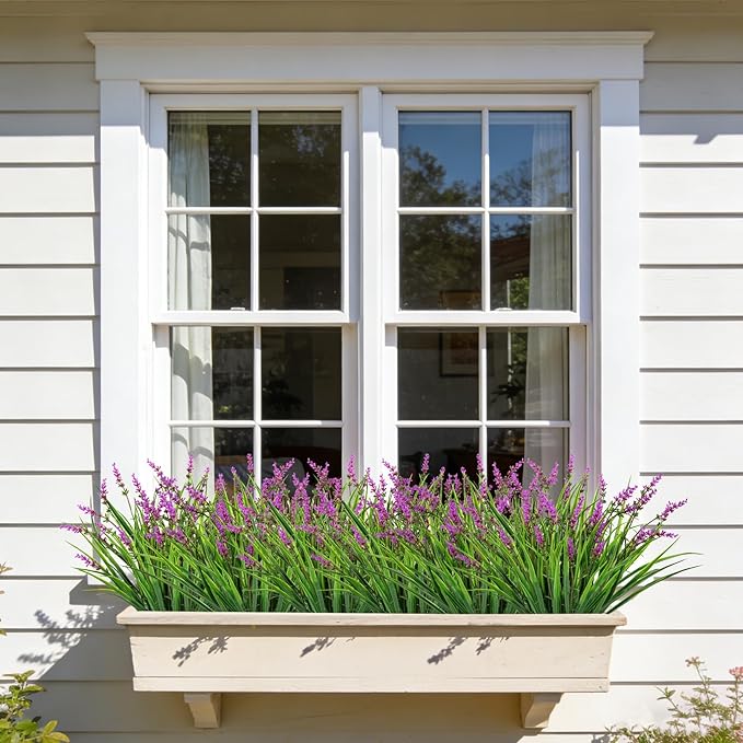 24 Bundles Artificial Plants Flowers Outdoor, Faux Lavender Flowers Fake Monkey Grass UV Resistant Plastic Plant for Porch Garden Patio Window Home Decor, Lotus