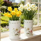 Set of 2 Farmhouse Floral Metal Flower Bucket Vase, Rustic Embossed Daisy Bee Design Planter with Hollowed-Edge, Decorative Pot for Indoor Outdoor Home Garden, Kitchen, Patio