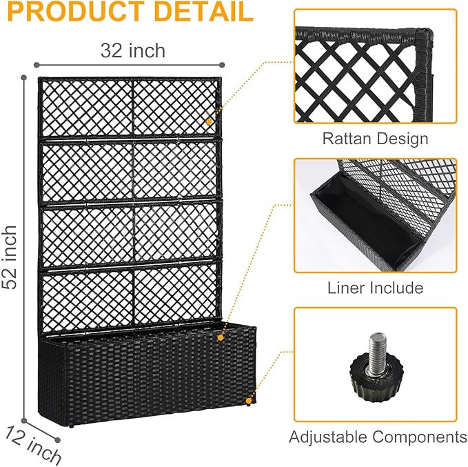 52’’ H Garden Planter Box with Trellis Outdoor for Vine Climbing Plants, Flowers Handwoven Rattan Garden Bed with Removable Liners for Backyard Patio Balcony
