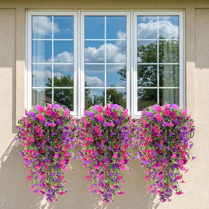 CEWOR 4pcs Artificial Hanging Plants for Outdoor, Fake Flowers Faux Silk Morning Glory with Eucalyptus, UV Resistant Realistic Faux Flower Greenery for Outside Indoor Home Porch Patio Decor, Purple