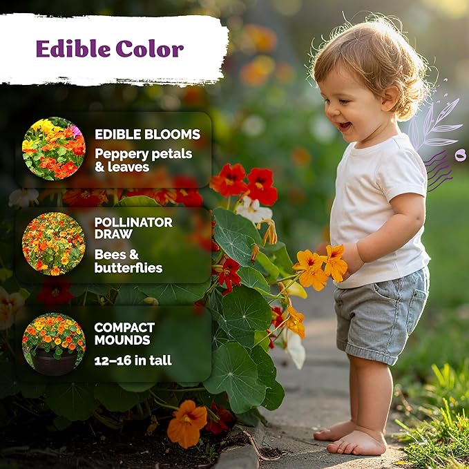 KVITER 75 Mix Jewel Nasturtium Seeds for Planting Outdoors (Tropaeolum Nanum) — Heirloom & Organic Seed Packet — Edible Flower Seeds to Plant Outside & Inside in Garden, Containers, Hanging Baskets
