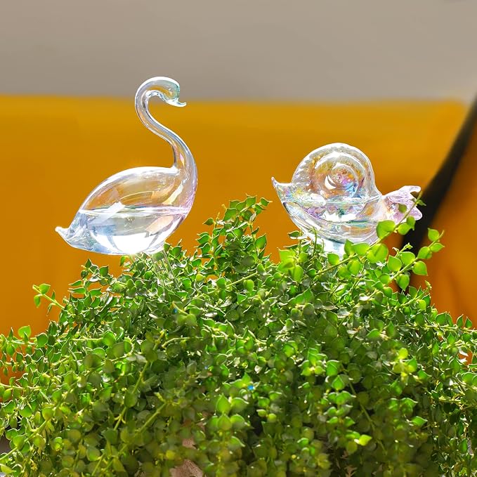 NiHome Glass Plant Self Watering Bulbs 3-Pack Iridescent Pearl Home Potted Planter Watering Bulbs Insert Decorative Devices Vacation Automatic Watering Spikes Indoor and Outdoor (Swan, Snail & Bird)