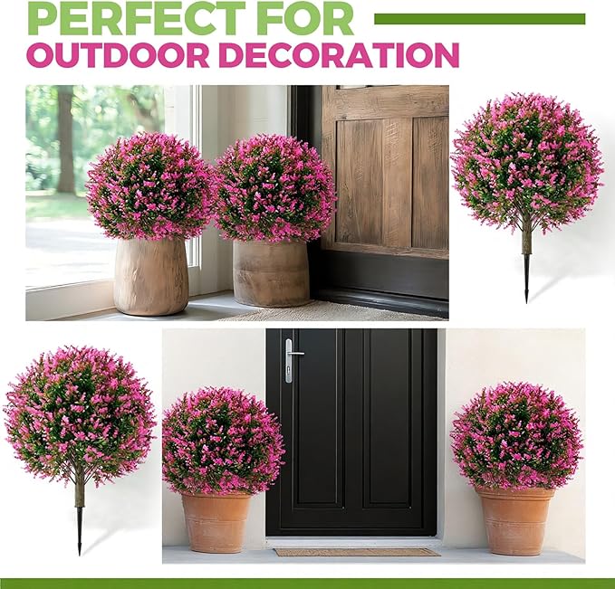 Lunmon 2 Pack 24" Artificial Topiary Ball Plants Trees with Flowers, Outdoor Fake Topiary Plants with Ground Spike, UV Resistant Faux Bushes for Indoor Outdoor Front Door Decor(Rose Pink,Lavender)