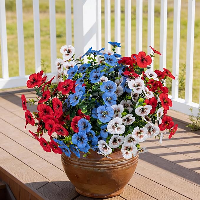 17 Inch Artificial Faux Pansy Flowers for Outdoor,Fake Pansies Flowers with Eucalyptus Leaves Fake Plants Greenery Boxwood Porch Patio Decor 6 Bundles(Red,Blue,White)
