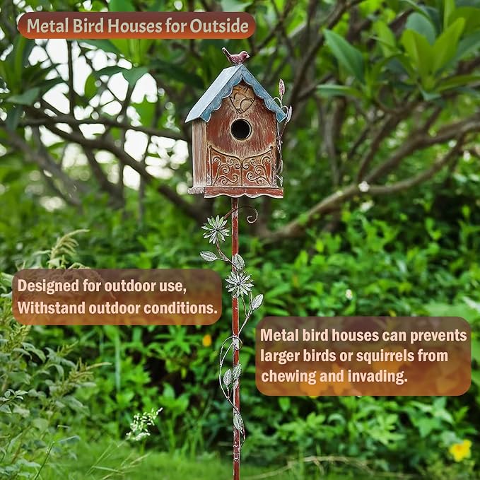 Baroque Cottage Bird House Stake for Outside with Pole, Distressed Metal Birdhouse Stand for Outdoor Garden,Purple